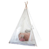 Cattywampus Kids&#039; White  Cotton Teepee Tent with Lace font