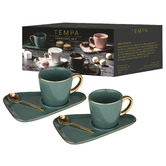 Tempa Teal Asteria 80ml Espresso Cups &amp; Saucers with Spoons