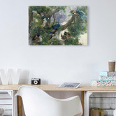 Lotus &amp; Fawn A Group Of Peacocks By The Lake Stretched Canvas Wall Art
