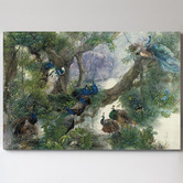 Lotus &amp; Fawn A Group Of Peacocks By The Lake Stretched Canvas Wall Art