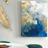 Lotus &amp; Fawn Marbled Blue &amp; Gold I Stretched Canvas Wall Art