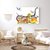 Lotus &amp; Fawn Dinosaurs Watercolour Painting Style Stretched Canvas Wall Art