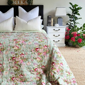 Artisan &amp; Co Green English Rose Cotton Reversible Coverlet
