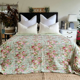 Artisan &amp; Co Green English Rose Cotton Reversible Coverlet