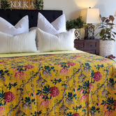 Artisan &amp; Co Mustard Peony Kantha Cotton King Bedspread