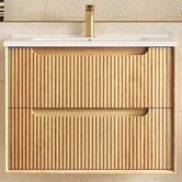 Otti Australia Byron Fluted 750mm Woodland Oak Wall Hung Single Vanity with Ceramic Countertop