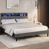 Living Fusion Crosby Upholstered Bed with Storage Headboard &amp; LED
