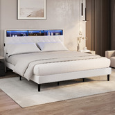 Living Fusion White Vinie Faux Leather Bed with LED