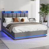 Living Fusion Marcel Upholstered Gas Lift Storage Bed with LED &amp; Charging Station