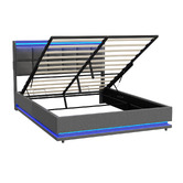Living Fusion Marcel Upholstered Gas Lift Storage Bed with LED &amp; Charging Station