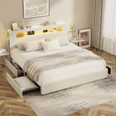 Living Fusion Claude Linen Bed Frame with LED &amp; Charging Station