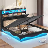 Living Fusion Kiana Faux Leather Gas Lift Storage Bed with LED &amp; Charging Station