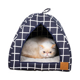 Mog &amp; Bone Navy Check Cotton Cat Igloo with Removable Cushion