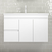 Nueva Bathware Bianca 900mm Gloss White Wall Hung Vanity with Ceramic Countertop