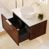 Nueva Bathware Olomana 750mm Walnut Woodmatt Wall Hung Single Vanity with Stone Countertop