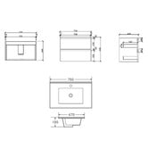 Nueva Bathware Laulea 750mm Wall Hung Single Vanity with Ceramic Countertop