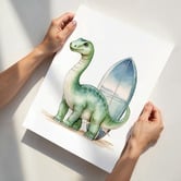 Tiny Tots Prints Brachiosaurus with Surfboard Paper Print Wall Art