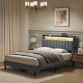 Haven Cove Furniture Grey Lusamine Linen Queen Bed with LED &amp; Charging Station