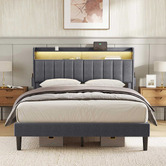 Haven Cove Furniture Grey Lusamine Linen Queen Bed with LED &amp; Charging Station