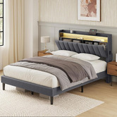 Haven Cove Furniture Grey Lusamine Linen Queen Bed with LED &amp; Charging Station