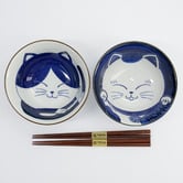 Tokyo Design Studio 4 Piece Blue Kawaii Cat Neko Bowl &amp; Chopsticks Set