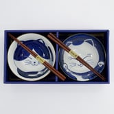 Tokyo Design Studio 4 Piece Blue Kawaii Cat Neko Bowl &amp; Chopsticks Set