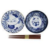 Tokyo Design Studio 4 Piece Kawaii Cat Neko Swirl Bowl &amp; Chopsticks Set