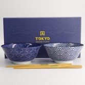 Tokyo Design Studio 4 Piece Nippon Blue Tayo Bowl &amp; Chopsticks Set