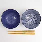 Tokyo Design Studio 4 Piece Nippon Blue Tayo Bowl &amp; Chopsticks Set