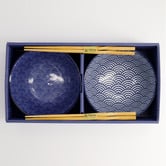 Tokyo Design Studio 4 Piece Nippon Blue Tayo Bowl &amp; Chopsticks Set