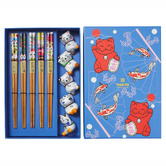 Tokyo Design Studio 5 Pair Bamboo Chopsticks with Lucky Cat Rests Gift Set