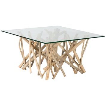 glass table with driftwood base