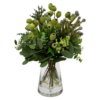 GlamorousFusion 45cm Dark Green Faux Gumnut Native Arrangement in Glass Vase  Temple & Webster