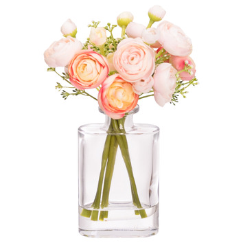 20cm Pink Faux Ranunculus Mixed Arrangement with Glass Vase | Temple ...