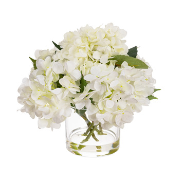 28cm White Faux Hydrangea Arrangement with Glass Vase | Temple & Webster