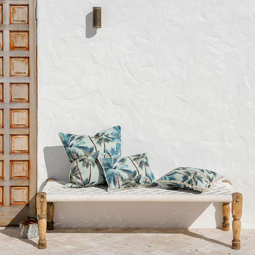 Palm Trees Square Coastal Fringed Outdoor Cushion