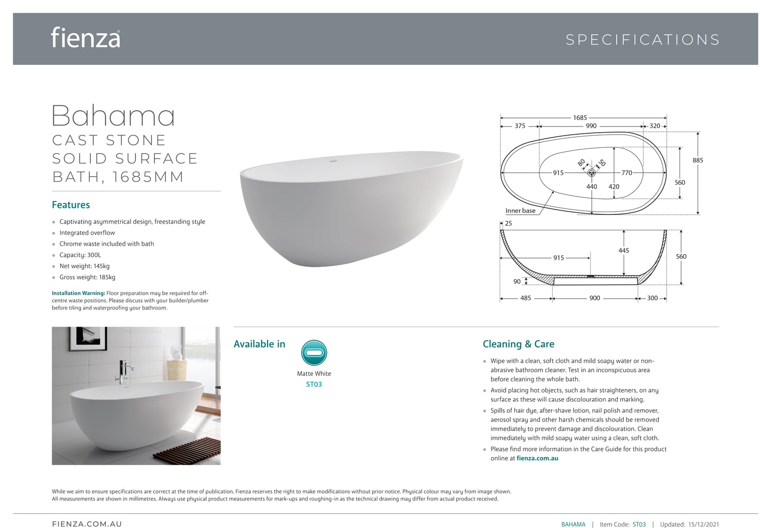 Bahama 1700 Stone Bath in White