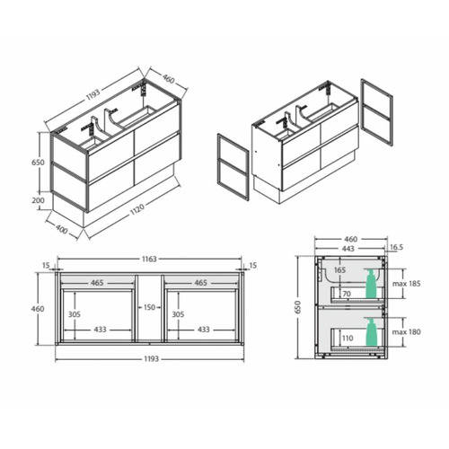 120cm Vanessa Amato Satin White Floor Standing Vanity Unit with Black