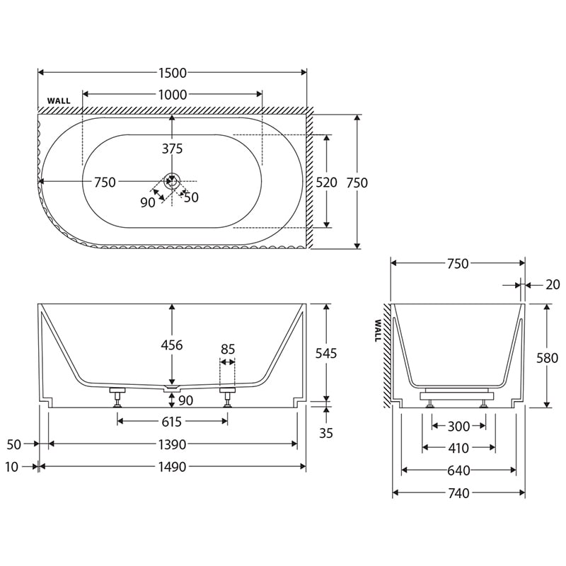 Eleanor 1500mm Acrylic Fluted Corner Bath