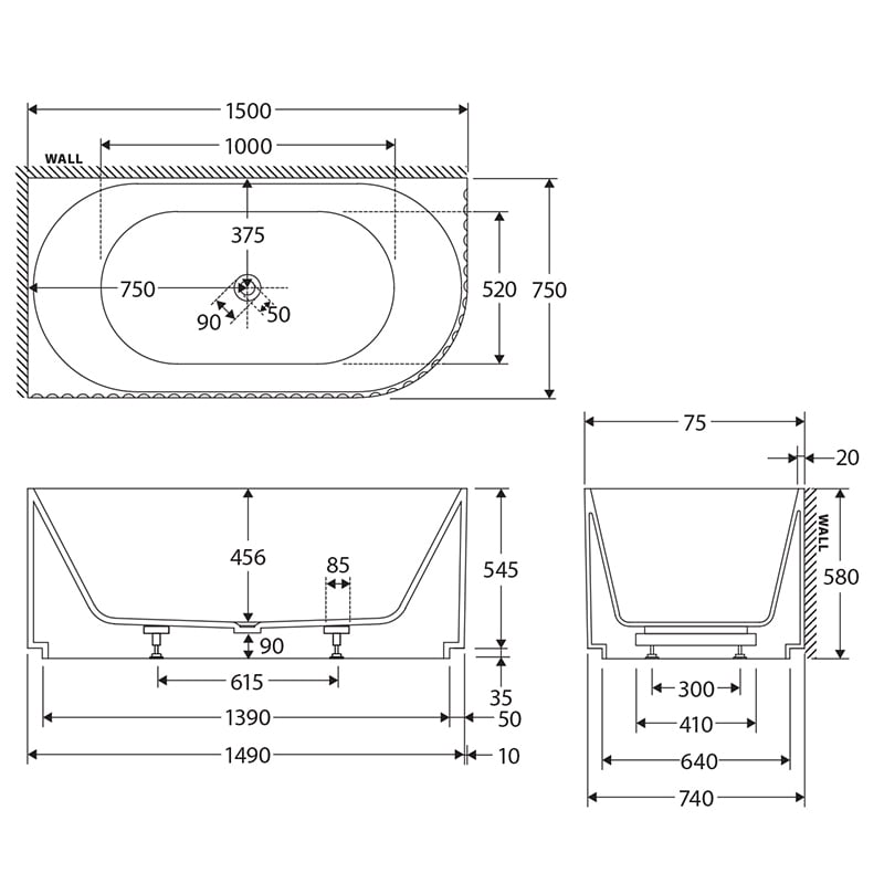 Eleanor 1500mm Acrylic Fluted Corner Bath