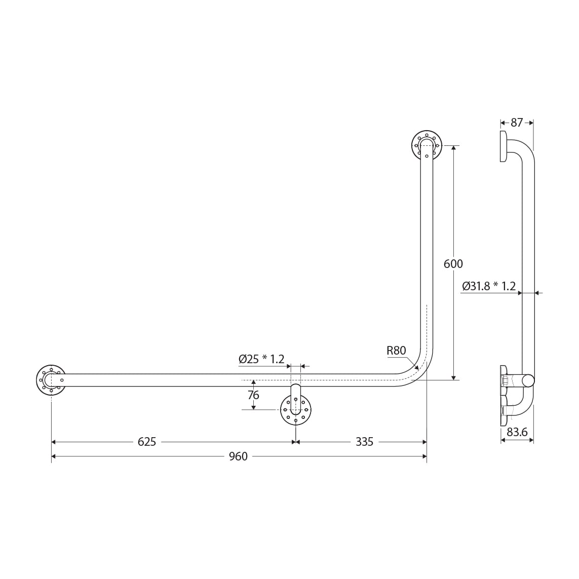 Accessible 960 x 600mm Stainless Steel Left-Hand Grab Rail