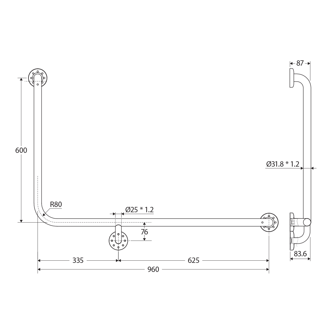 Accessible 960 x 600mm Stainless Steel Right-Hand Grab Rail