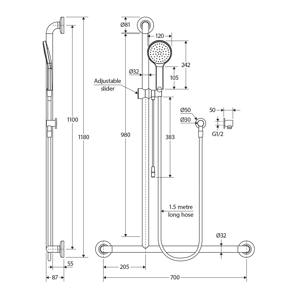Hustle Care Left-Hand Inverted T Rail Shower