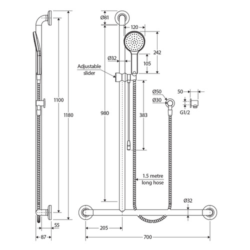 Luciana Care Left-Hand Inverted T Rail Shower