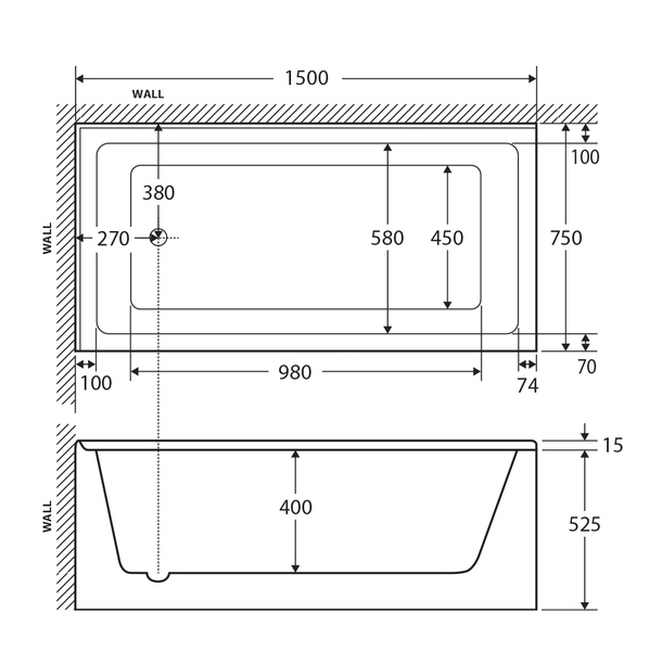 150cm Sentor Right Hand Acrylic Bath Tub