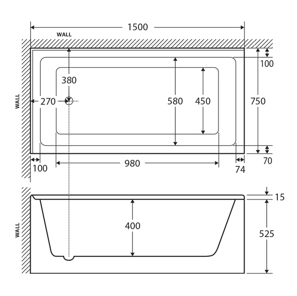 165cm Sentor Right Hand Acrylic Bath Tub