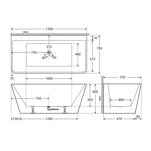 150cm Delta Acrylic Bath Tub