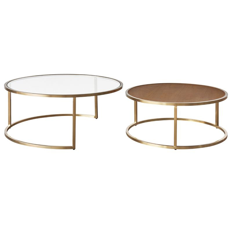 2 Piece Mona Tempered Glass & Walnut Wood Nesting Table Set