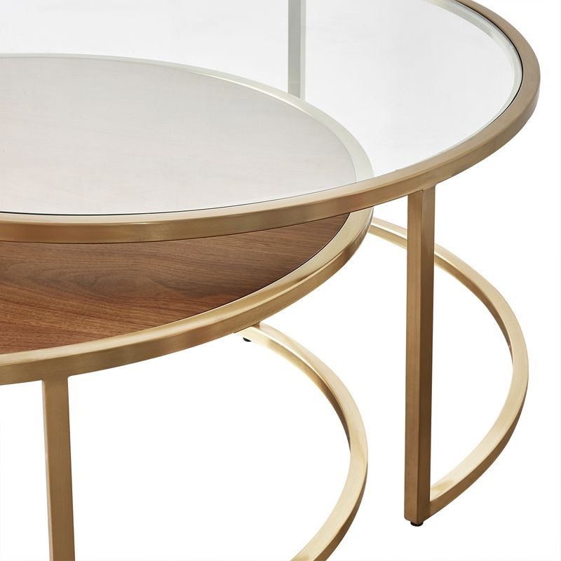2 Piece Mona Tempered Glass & Walnut Wood Nesting Table Set