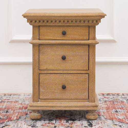 Caine Indonesian Oak Wood 3 Drawer Bedside Table